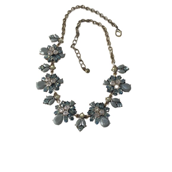 Blue Floral Polished Faceted Crystal Gemstone Rhinestone Bib Statement Necklace - Picture 6 of 12